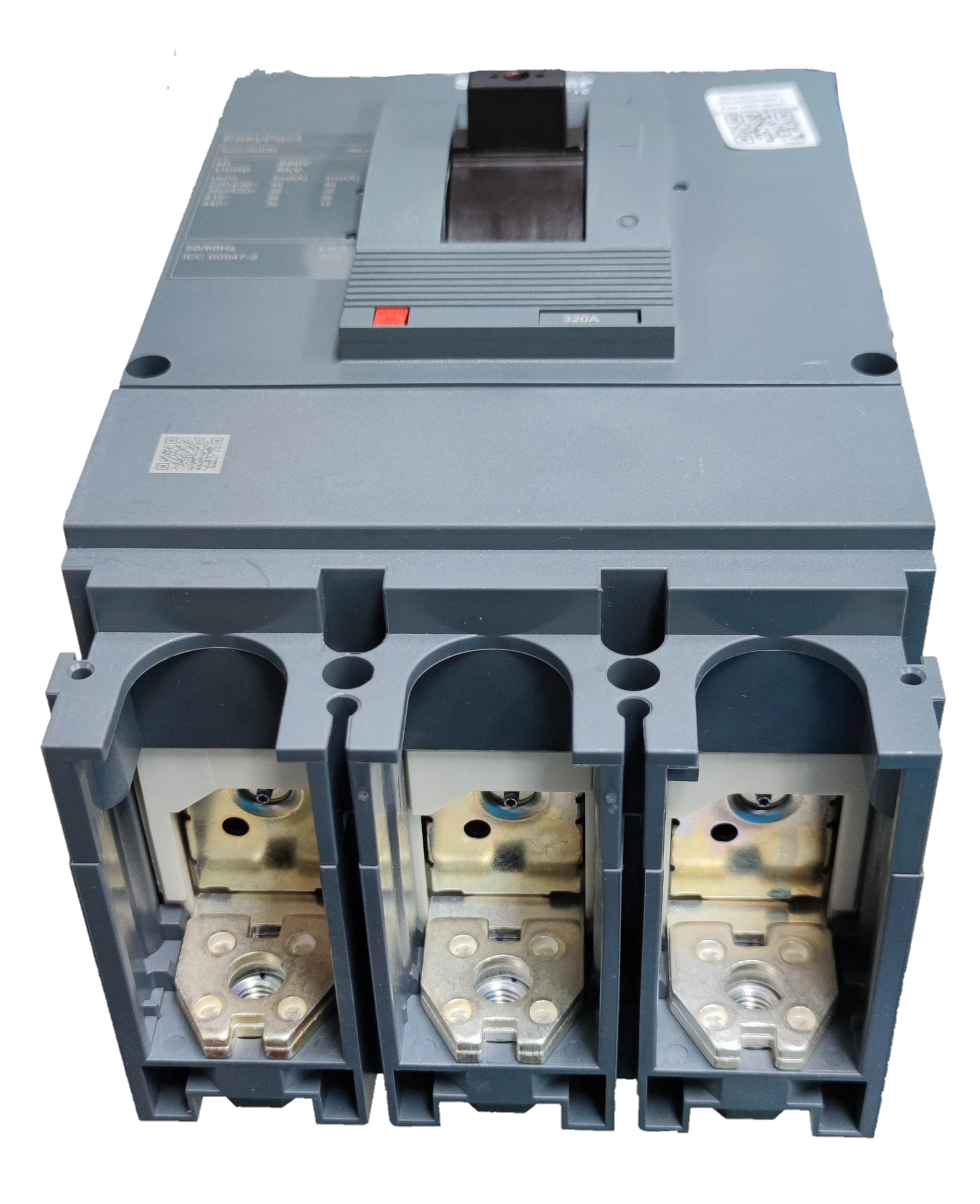 Schneider 320A 3 Pole Industrial Circuit Breaker with metal contacts and gray casing