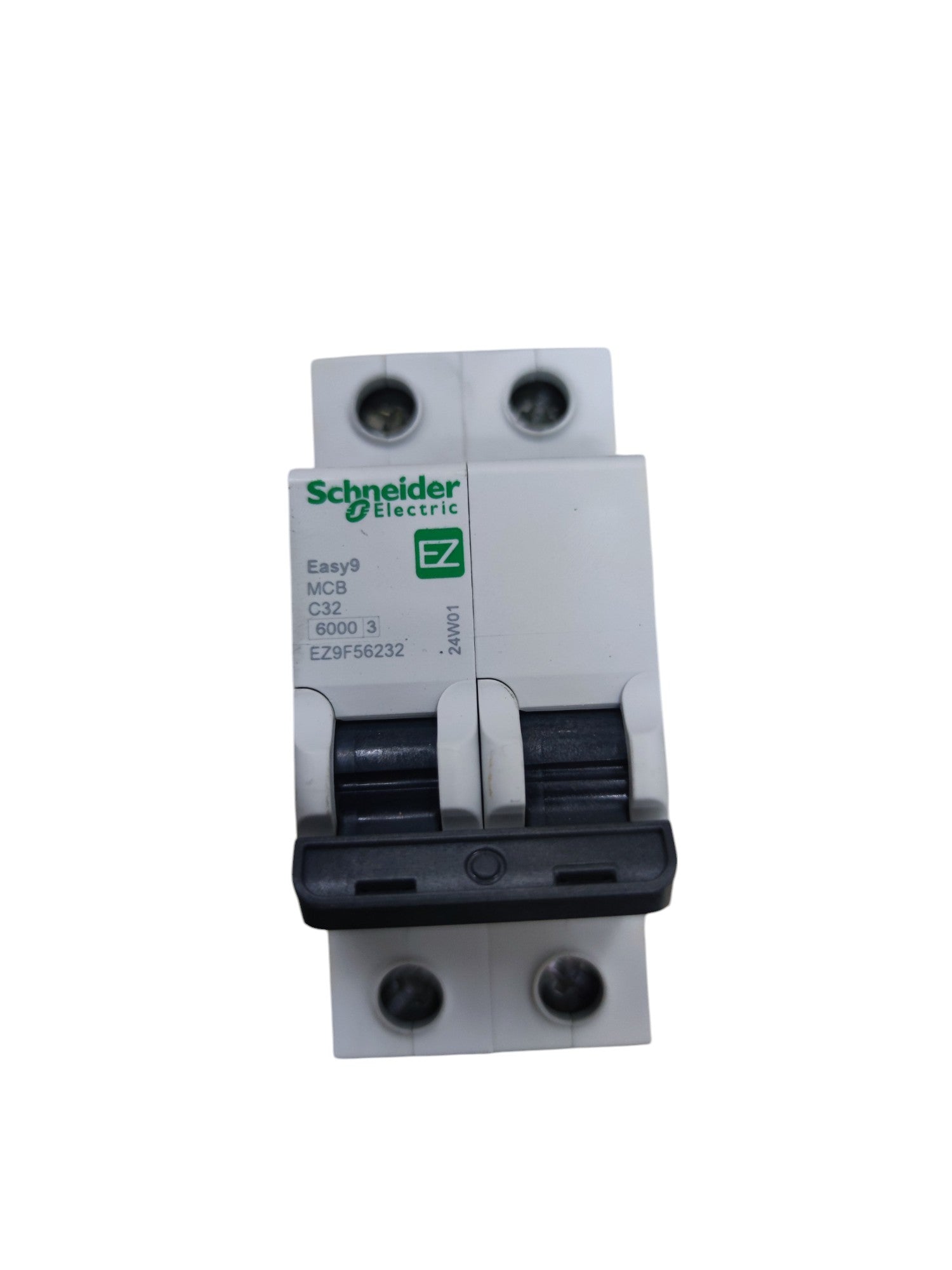 Schneider 32A 2 Pole Miniature Circuit Breaker with dual black switches and white housing for electrical protection