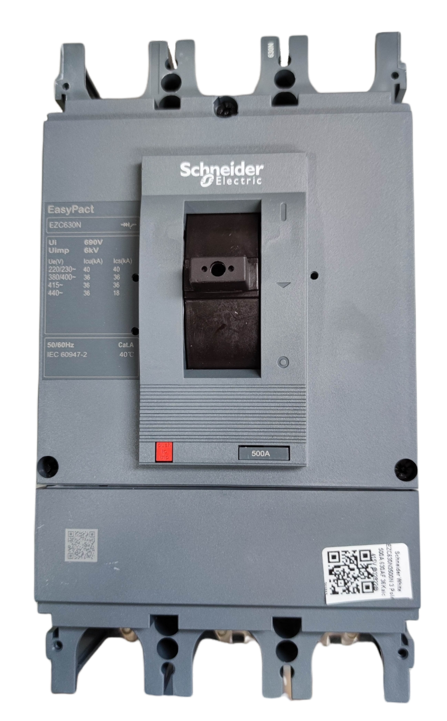 Schneider 500A 3 Pole Industrial Circuit Breaker EasyPact model with labeled switch and QR codes