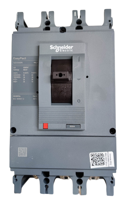 Schneider 500A 3 Pole Industrial Circuit Breaker EasyPact model with labeled switch and QR codes