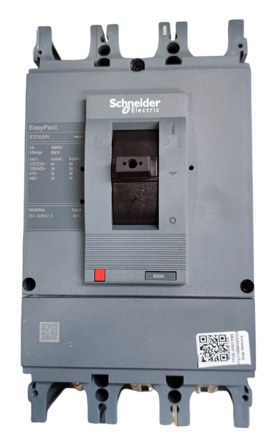Schneider 500A 3 Pole Industrial Circuit Breaker EasyPact model with labeled switch and QR codes