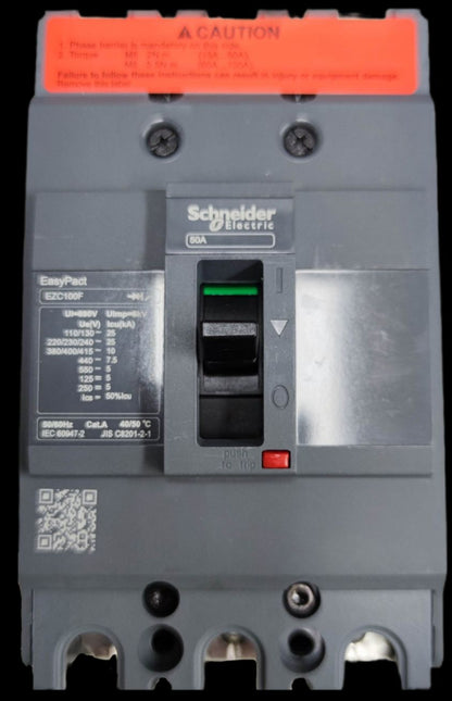 Schneider 50A 3 Pole Industrial Circuit Breaker 100AF EasyPact model with switch and safety label
