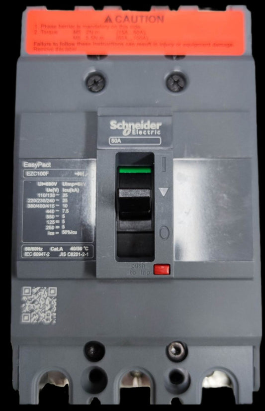 Schneider 50A 3 Pole Industrial Circuit Breaker 100AF EasyPact model with switch and safety label