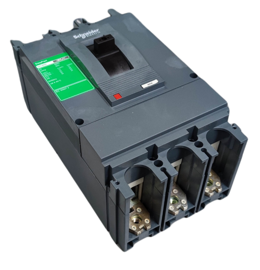 Schneider 600A 3 Pole Industrial Circuit Breaker with black casing and green label