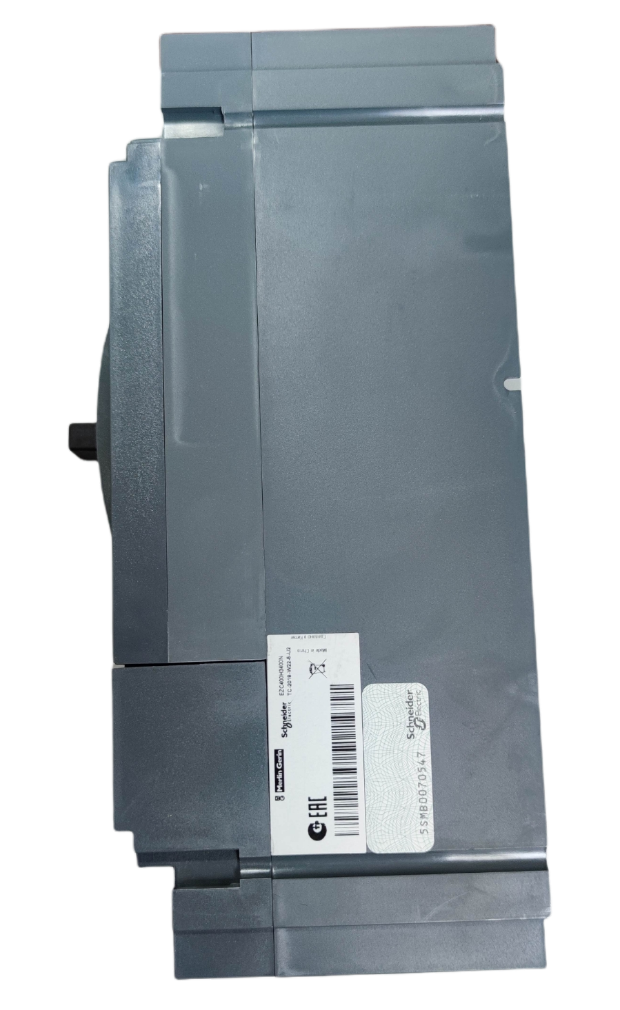 Schneider 600A 3 Pole Industrial Circuit Breaker in gray with label on side for electrical protection