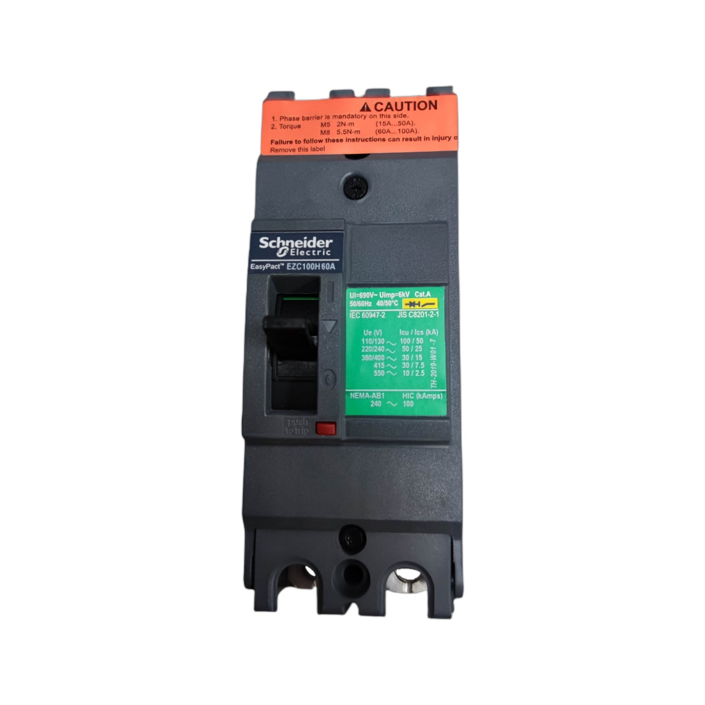 Schneider 60A 2 Pole Breaker Industrial Easy Pact with clear labeling and operational switches