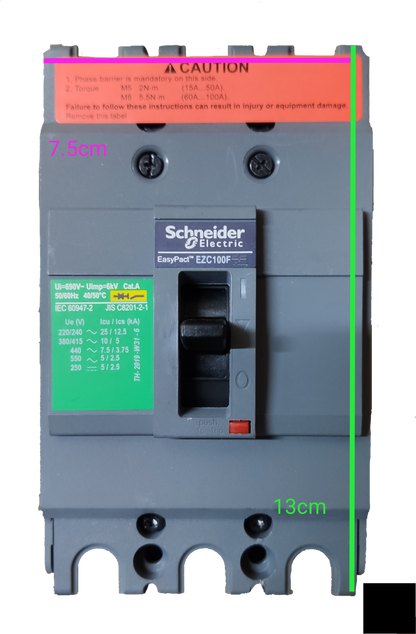 Schneider 60A 3 Pole Industrial Circuit Breaker with EasyPact EZC100F model and safety warning labels