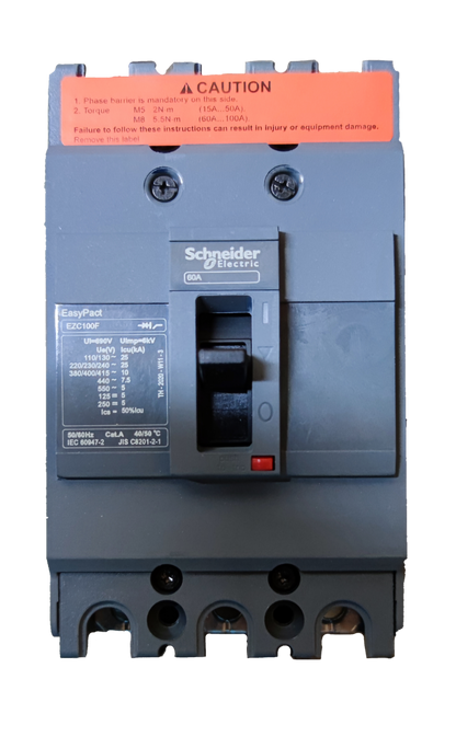 Schneider 60A 3 Pole Industrial Circuit Breaker with black switch and caution label