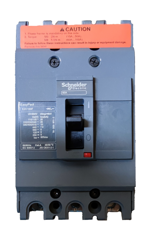 Schneider 60A 3 Pole Industrial Circuit Breaker with black switch and caution label