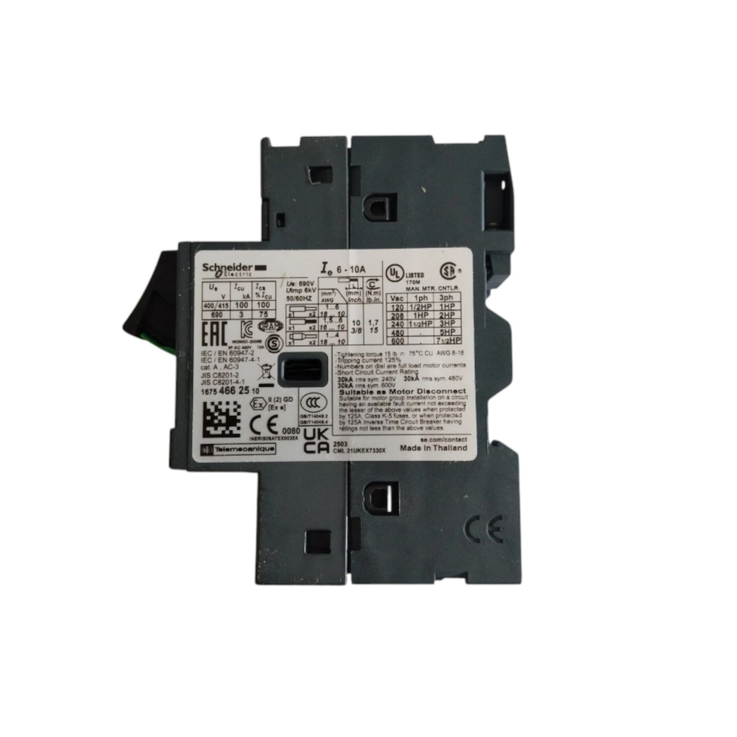 Schneider 6A-10A Motor Protection Breaker 3P 690V gray three pole motor protector with labeled front plate