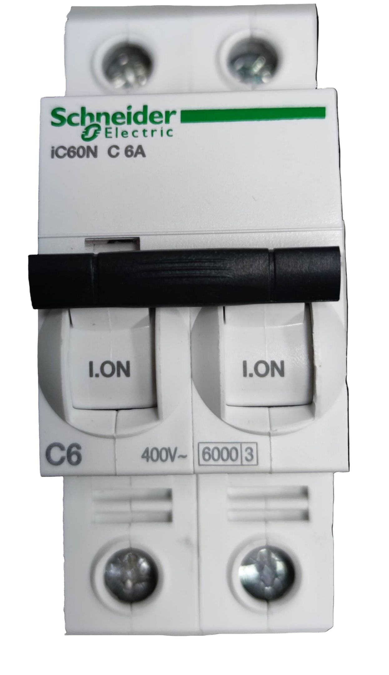 Schneider 6A 2 pole miniature circuit breaker with 400V rating and dual switches in on position