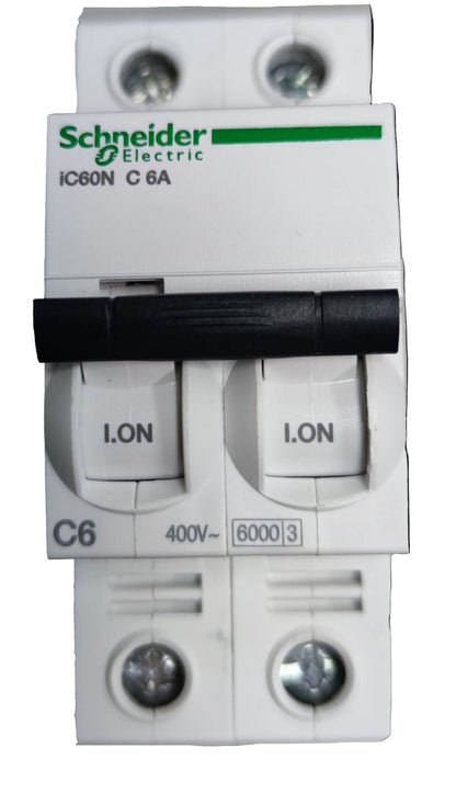 Schneider 6A 2 pole miniature circuit breaker with 400V rating and dual switches in on position