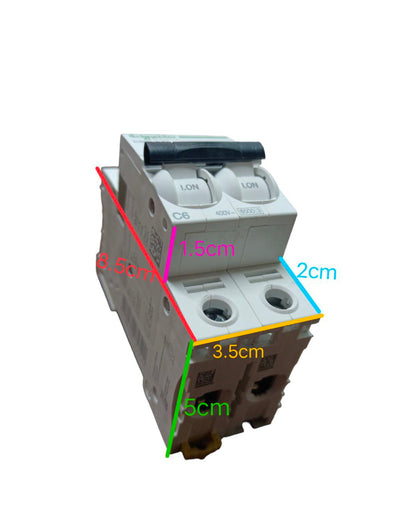 Schneider 6A 2 pole miniature circuit breaker with dimensions labeled for electrical circuitry parts