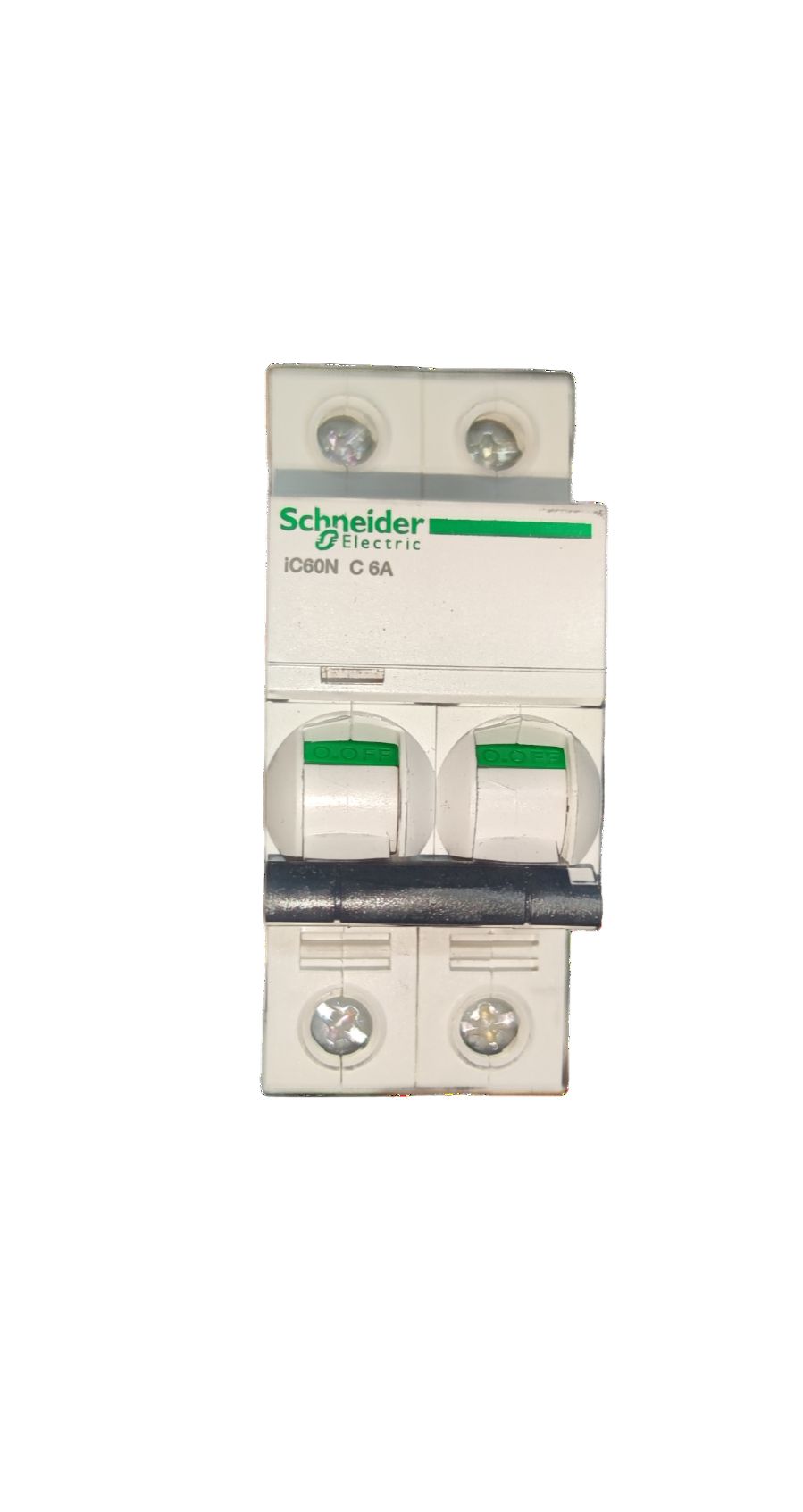 Schneider 6A 2 pole miniature circuit breaker with white casing and green labels