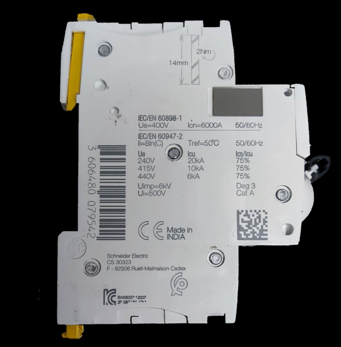 Schneider 6A 3 pole miniature circuit breaker with electrical specifications label and white casing