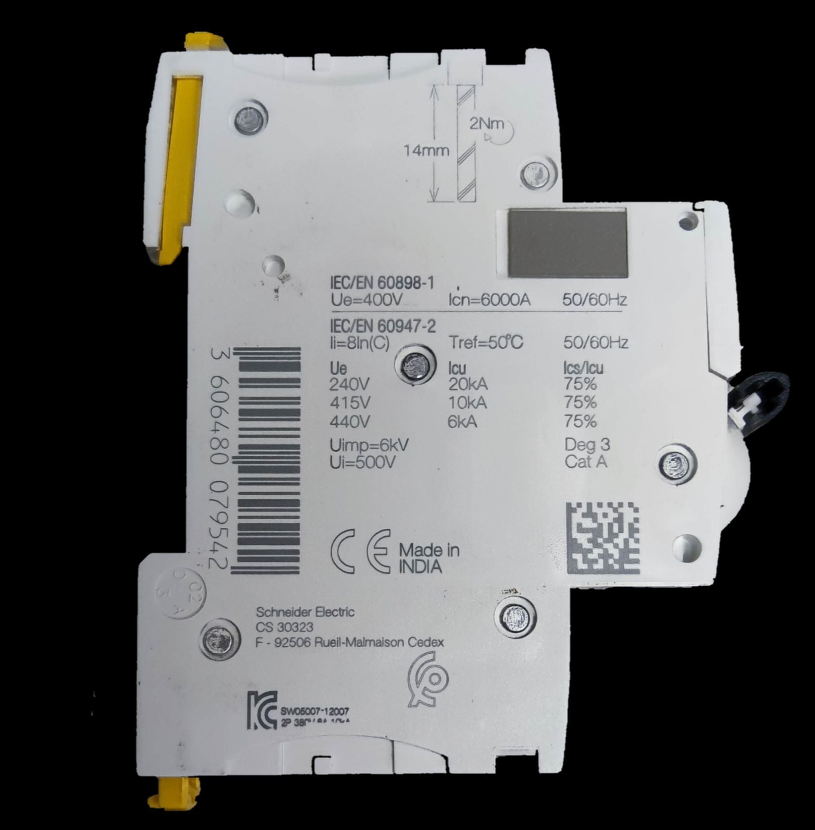 Schneider 6A 3 pole miniature circuit breaker with electrical specifications label and white casing