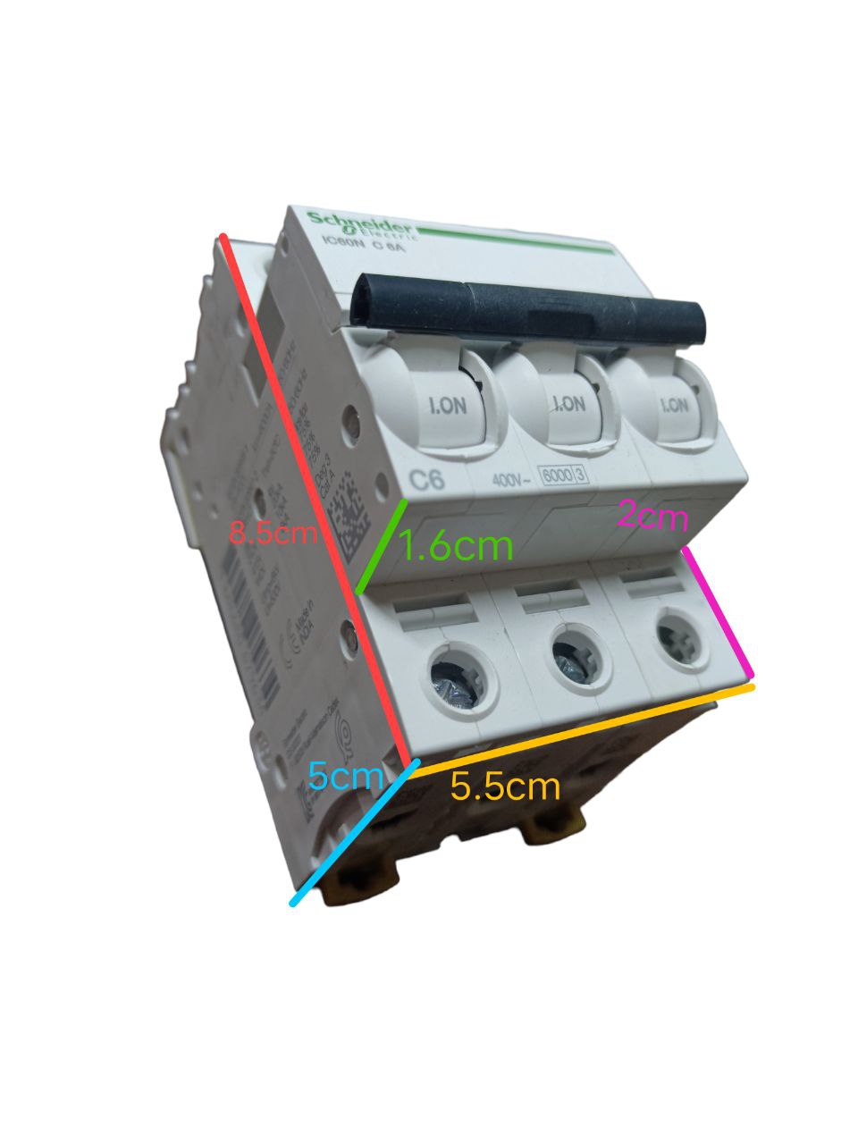 Schneider 6A 3 pole miniature circuit breaker with labeled dimensions for electrical circuitry