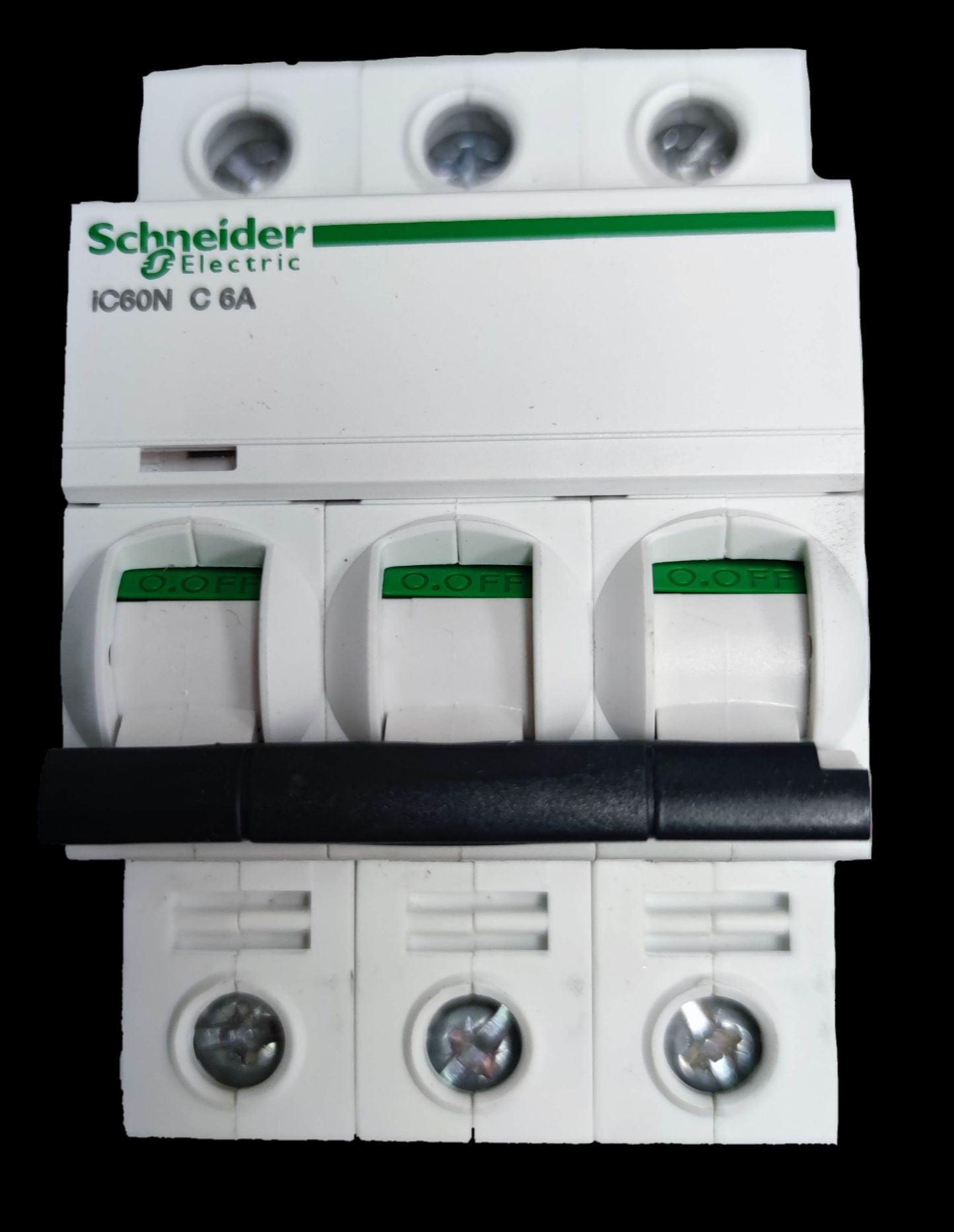 Schneider 6A 3 pole miniature circuit breaker with white casing and green labels for electrical protection