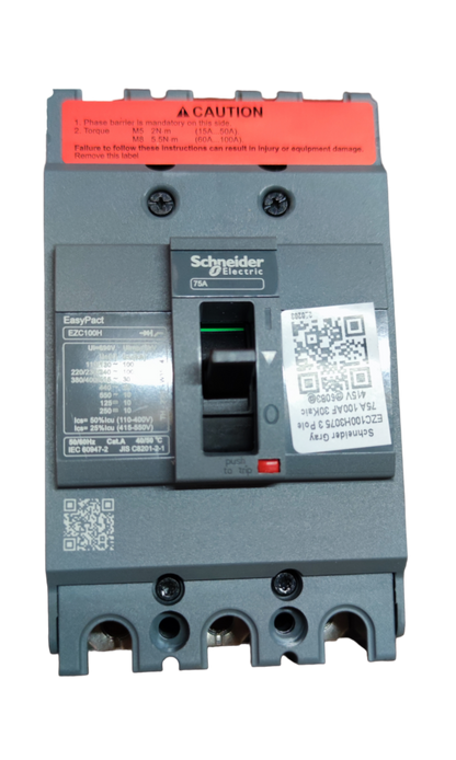 Schneider 75A 3P Industrial Circuit Breaker 10KAIC with EasyPact control switch and warning label
