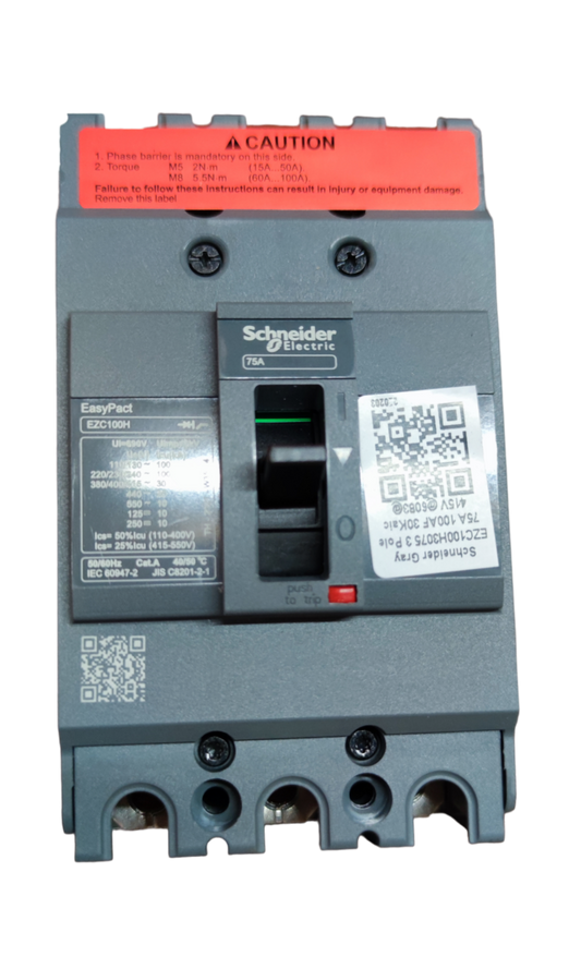 Schneider 75A 3P Industrial Circuit Breaker 10KAIC with EasyPact control switch and warning label