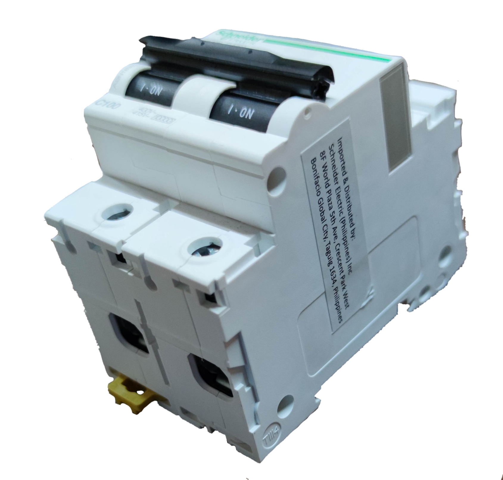 Schneider 80A 2 pole circuit breaker in white with black switches for electrical protection