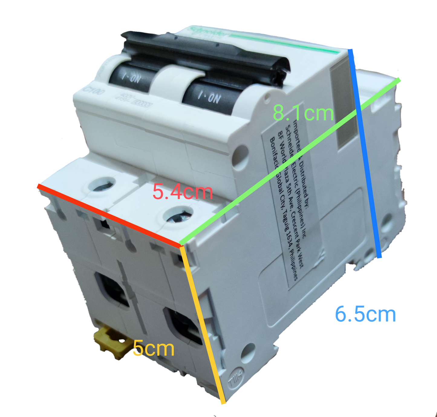 Schneider 80A 2 pole circuit breaker with white body and black toggle switches measuring compact dimensions