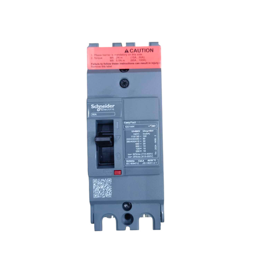 Schneider 80A 2P Industrial Circuit Breaker with safety label and switch for electrical protection