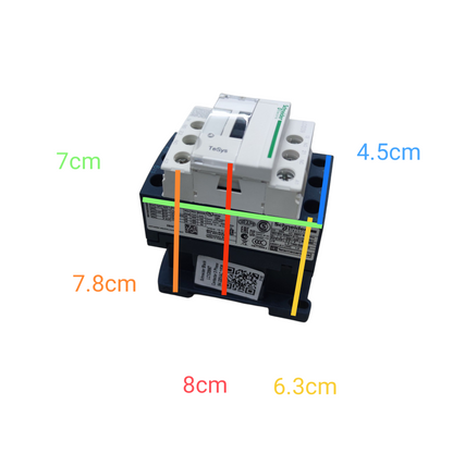 Schneider 9A Magnetic Contactor 220V with clear dimensions and mounting features for electrical installations