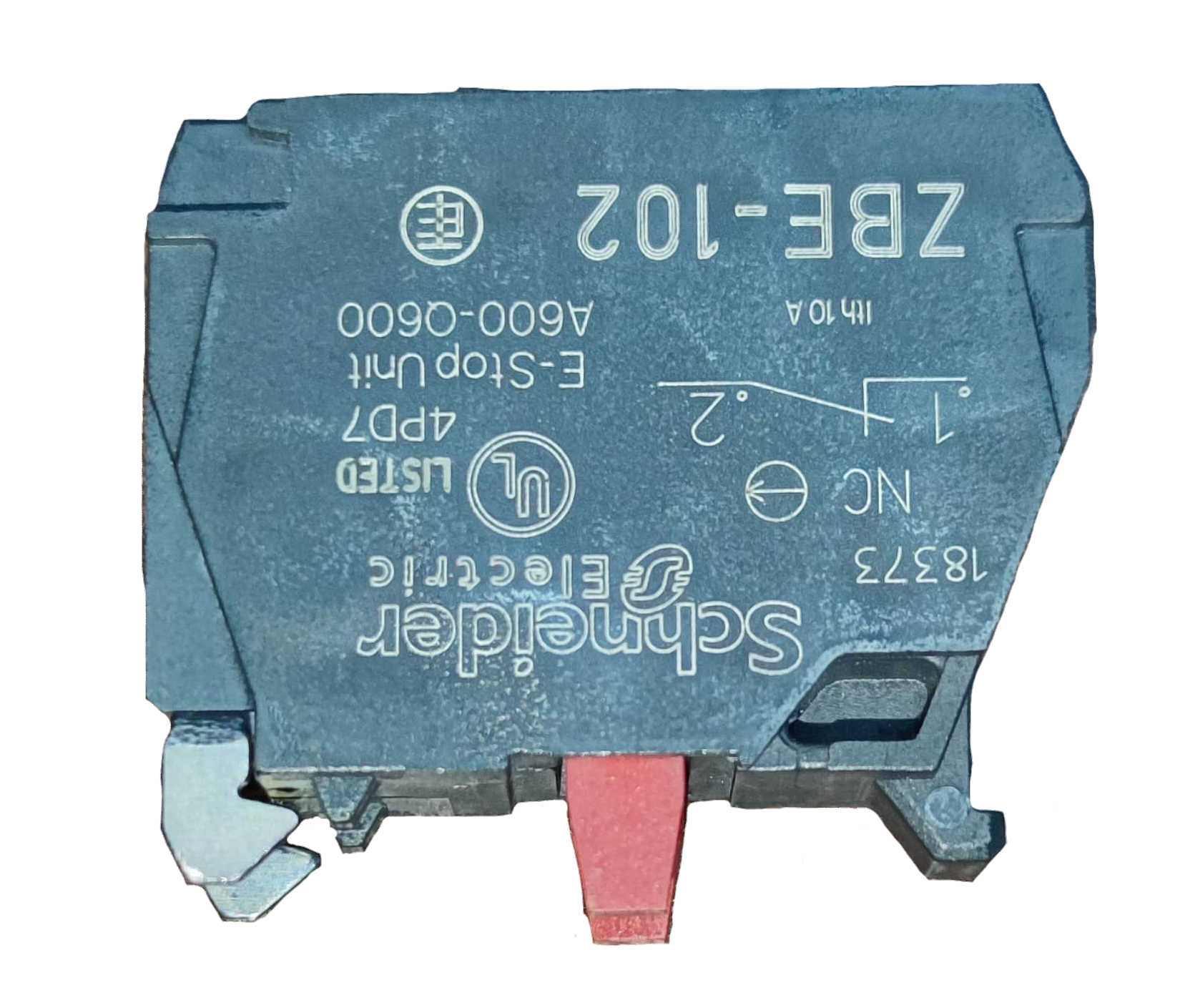 Schneider auxiliary contact block NC model ZBE-102 with red actuator and electrical specifications