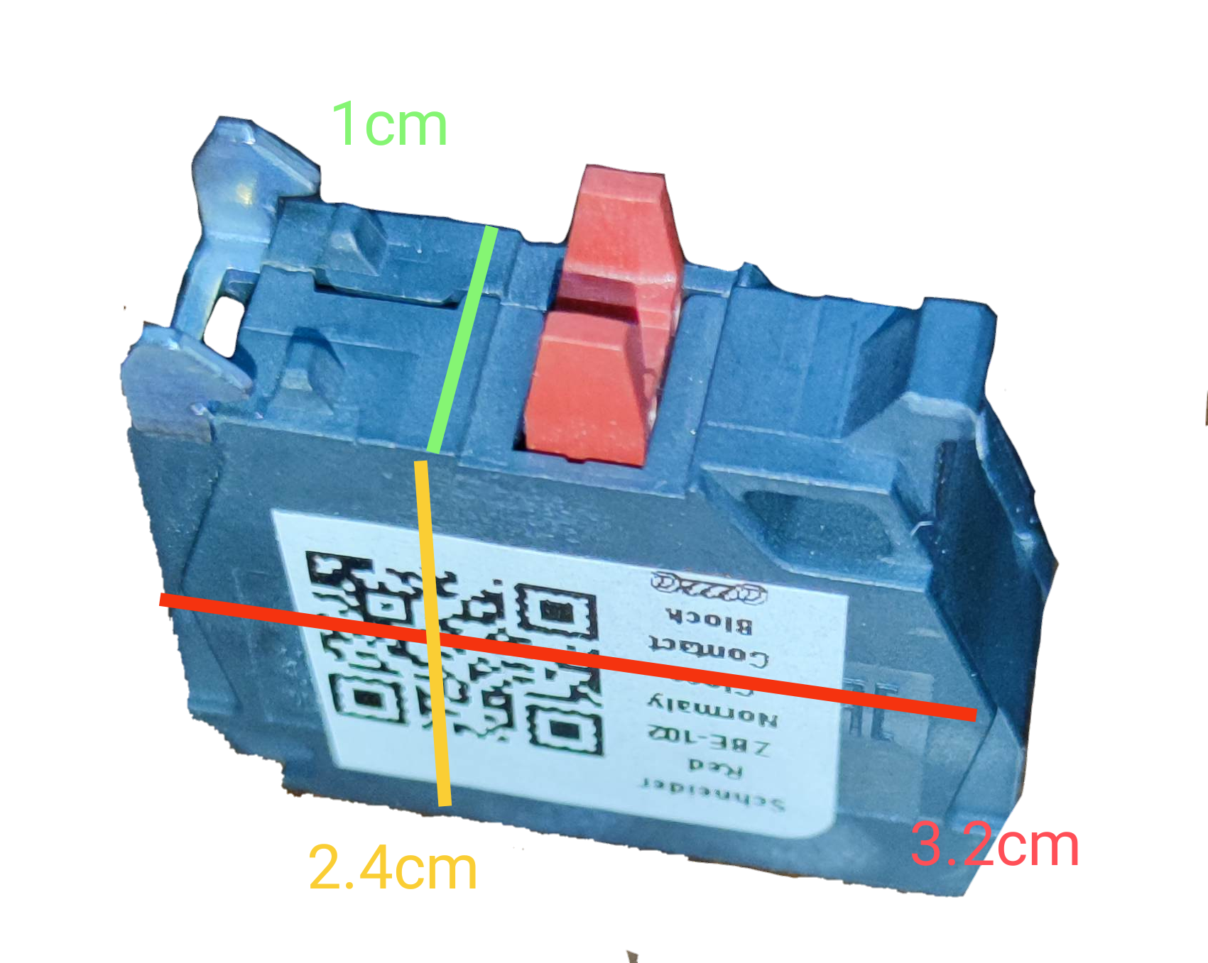 Schneider auxiliary contact block NC in black with red switch component and size dimensions