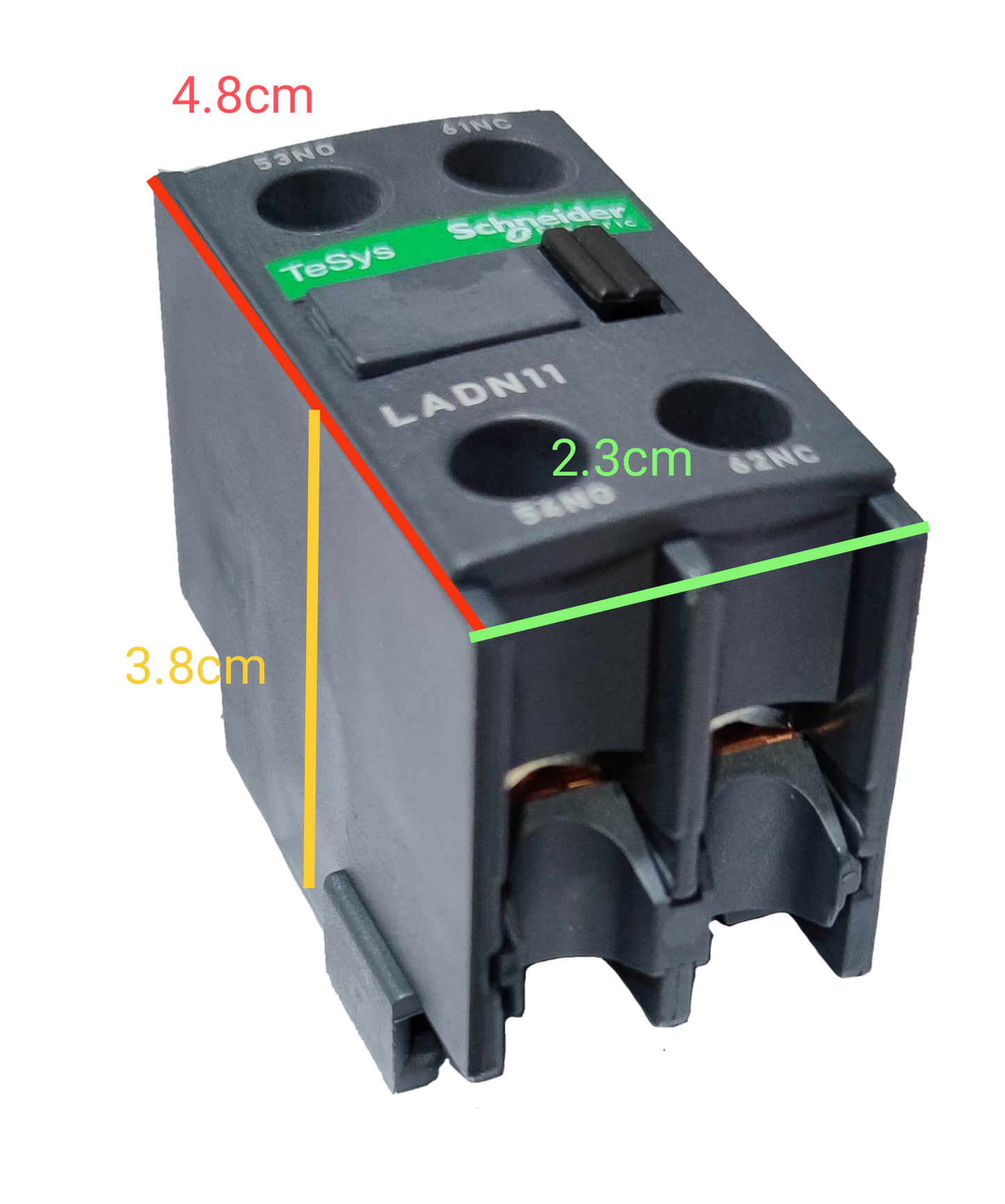 Schneider Auxiliary Contact LADN11 black power point switch component with labeled dimensions