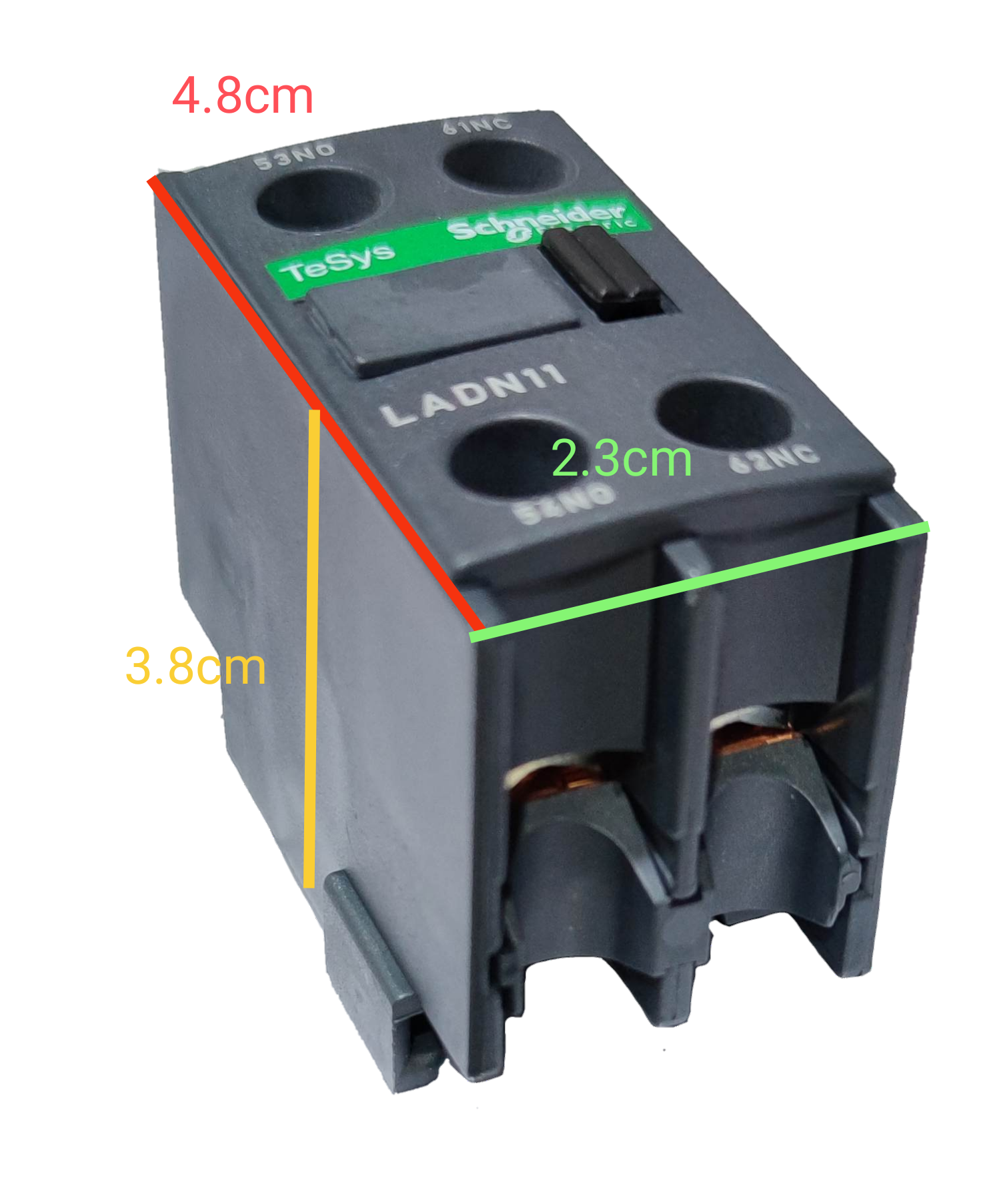 Schneider Auxiliary Contact LADN11 black power point switch component with labeled dimensions