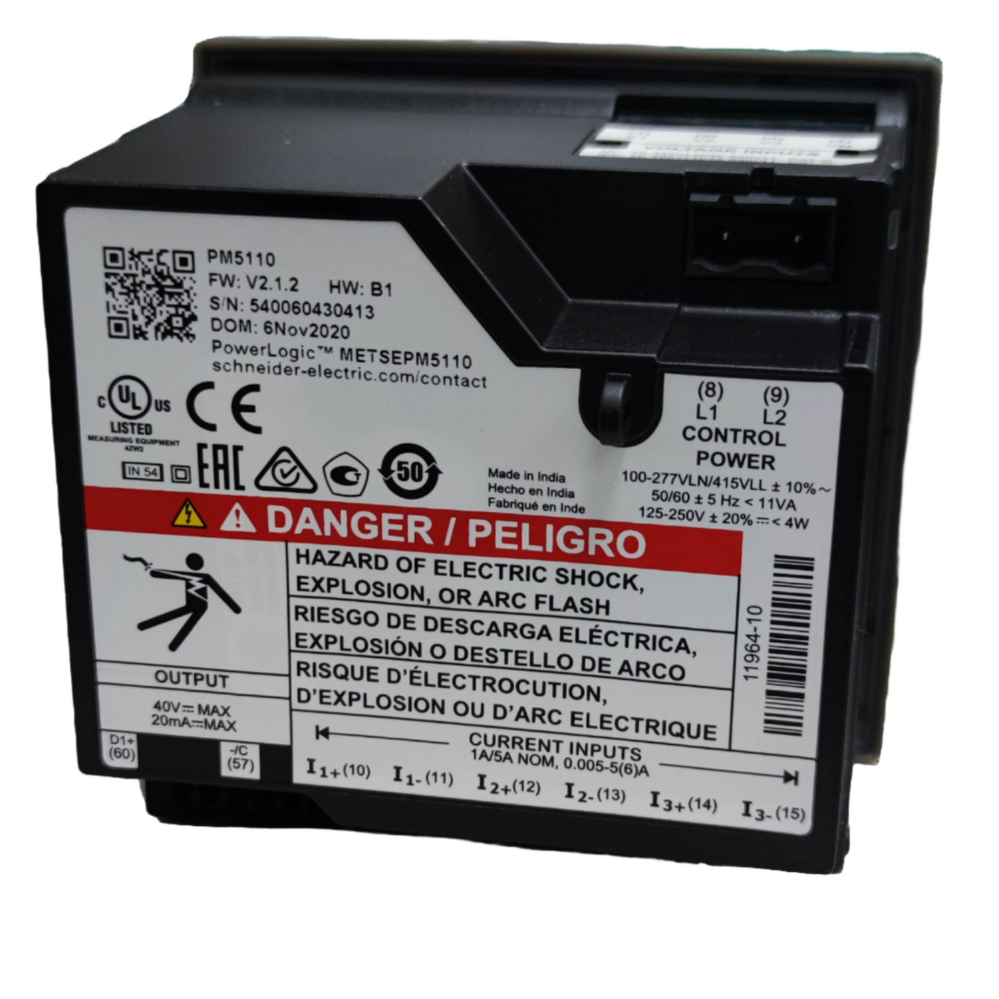 Schneider digital power meter with warning label for electric shock hazards and control power inputs