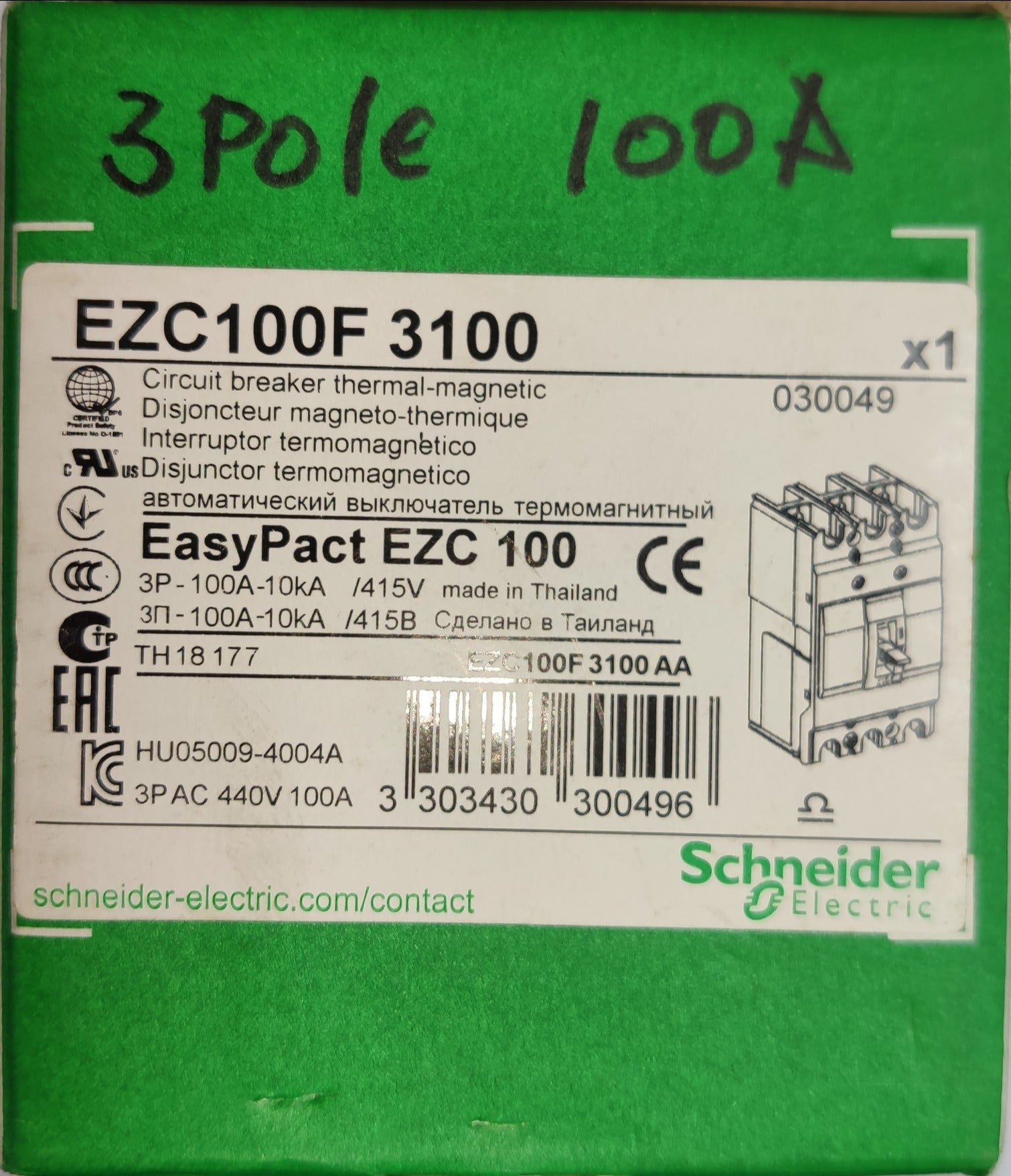 Schneider 100A 3Pole Industrial Circuit Breaker EasyPact EZC 100 thermal-magnetic protection