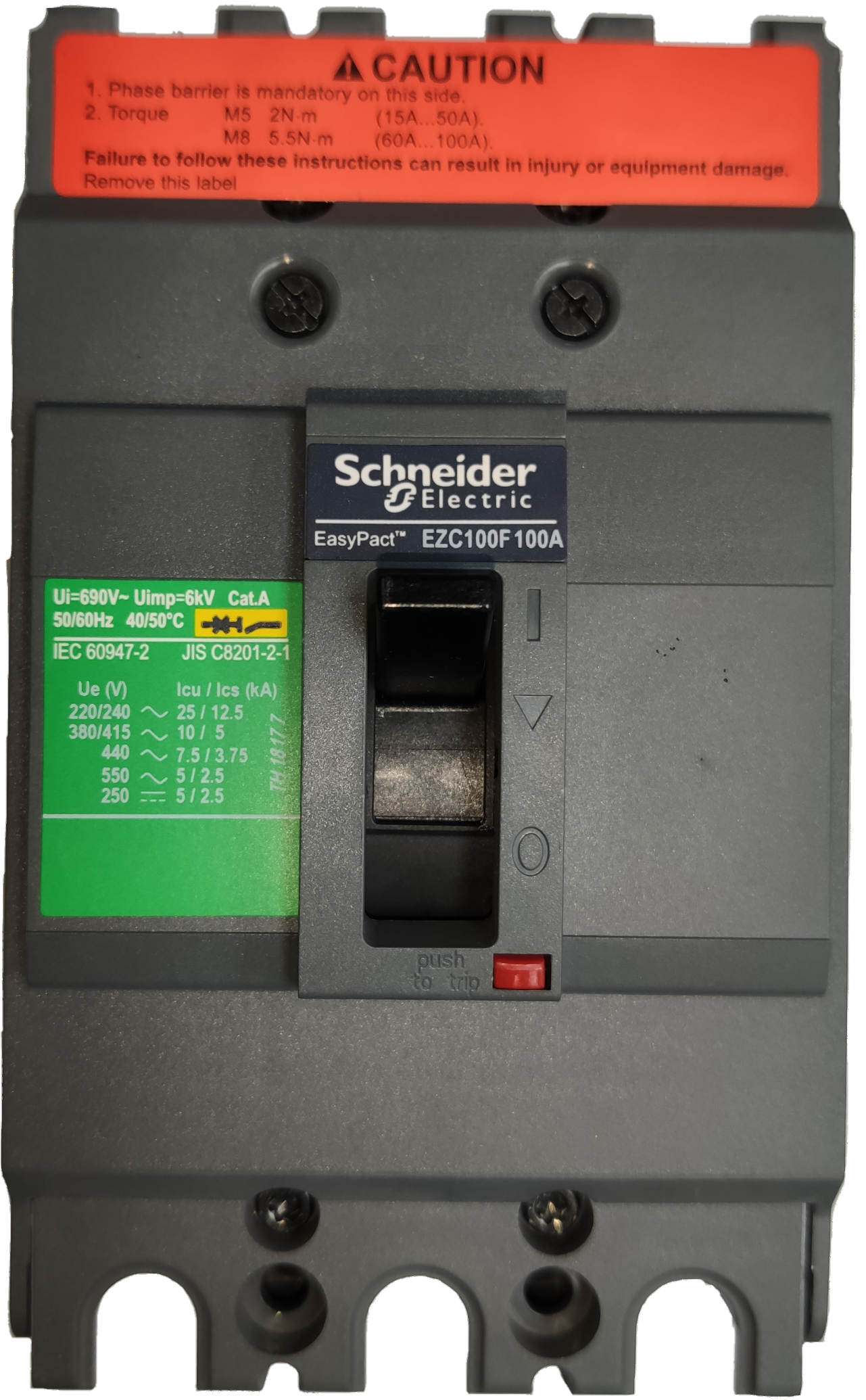 Schneider 100A 3Pole Industrial Circuit Breaker EasyPact model EZC100F100A in black and gray housing