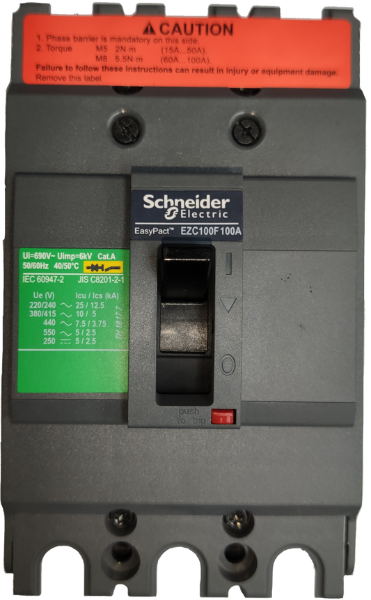 Schneider 100A 3Pole Industrial Circuit Breaker EasyPact model EZC100F100A in black and gray housing