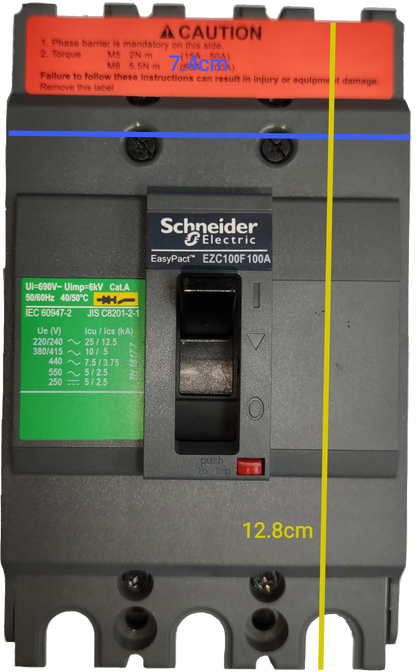Schneider 100A 3Pole Industrial Circuit Breaker EasyPact EZC100F100A model with safety labels
