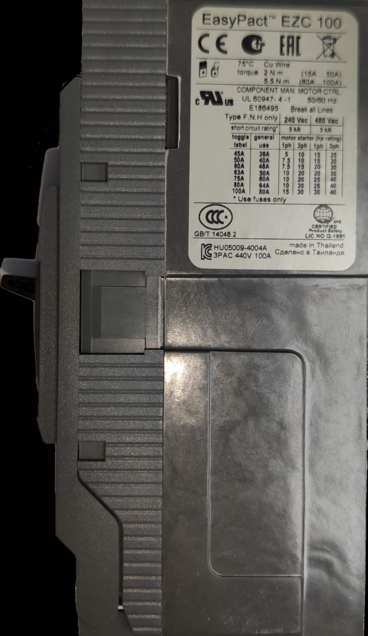 Schneider EasyPact EZC 100 100A 3Pole Industrial Circuit Breaker with detailed technical label