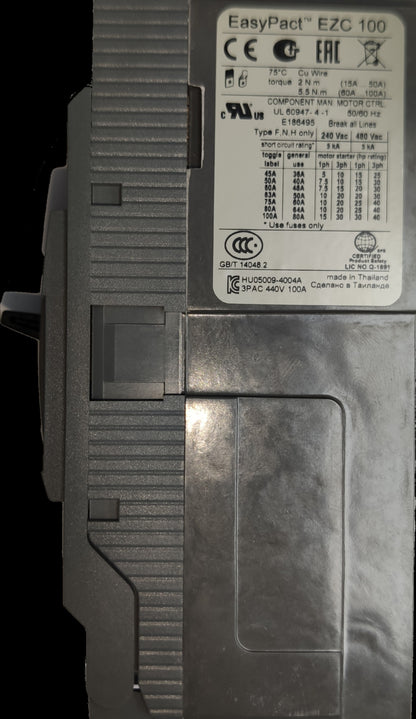 Schneider EasyPact EZC 100 100A 3Pole Industrial Circuit Breaker with detailed technical label