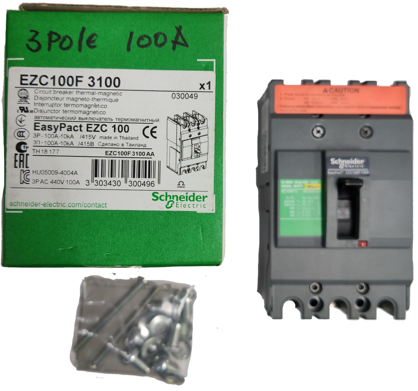 Schneider 100A 3Pole Industrial Circuit Breaker EasyPact EZC100 with screws and green packaging box