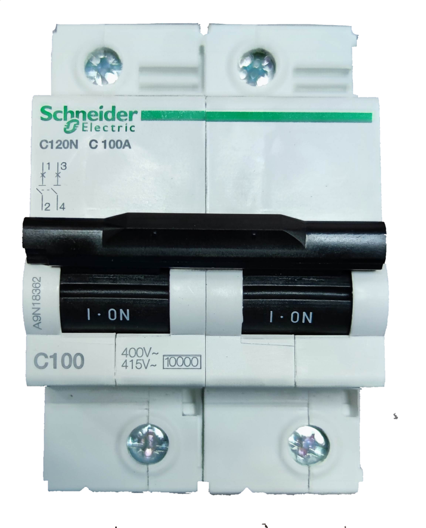 Schneider 100A Miniature Circuit Breaker 2 Pole white electrical protection device with black switch