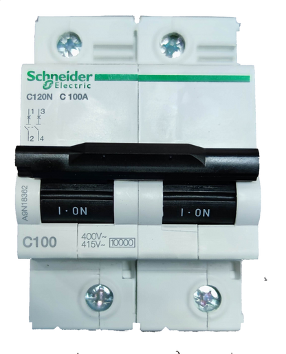 Schneider 100A Miniature Circuit Breaker 2 Pole white electrical protection device with black switch