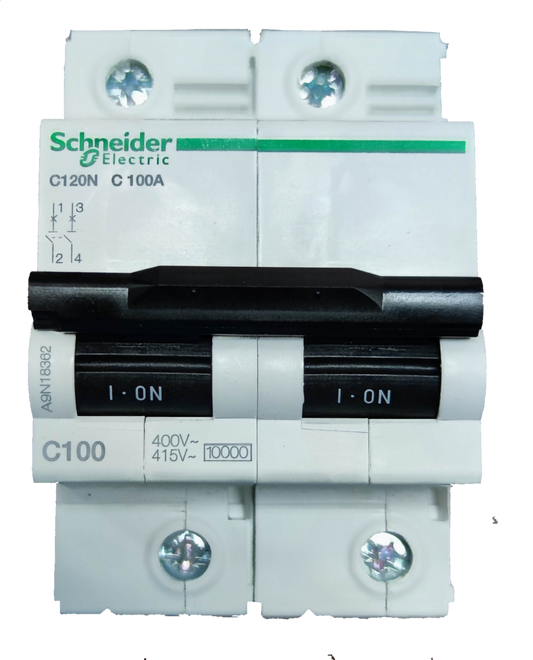 Schneider 100A Miniature Circuit Breaker 2 Pole white electrical protection device with black switch