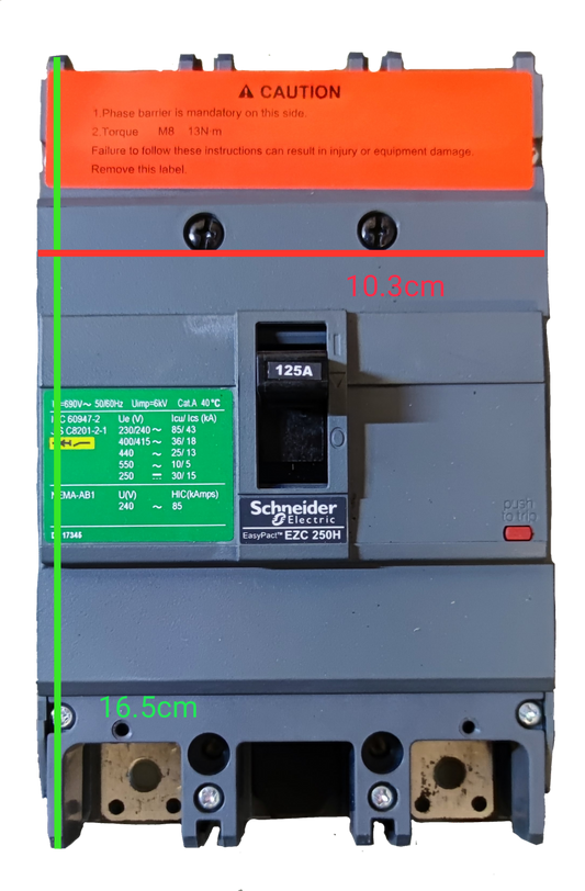 Schneider 125A 2 Pole Single Phase Breaker electrical circuitry component with safety caution label