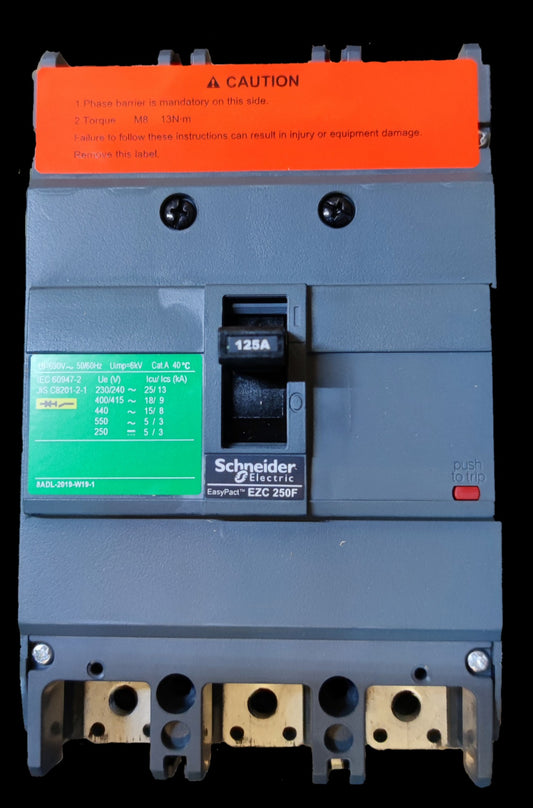 Schneider 125A 3 Pole Industrial Circuit Breaker 250AF with EasyPact EZC 250F model in gray casing