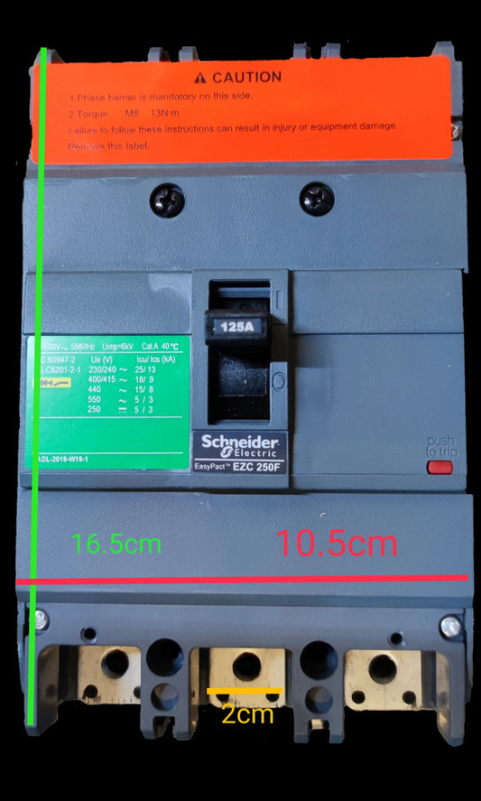 Schneider 125A 3 Pole Industrial Circuit Breaker 250AF with labeled specifications and safety warning