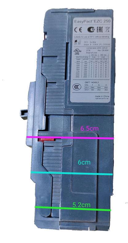 Schneider 125A 3 Pole Industrial Circuit Breaker 250AF with labeled dimensions on black background