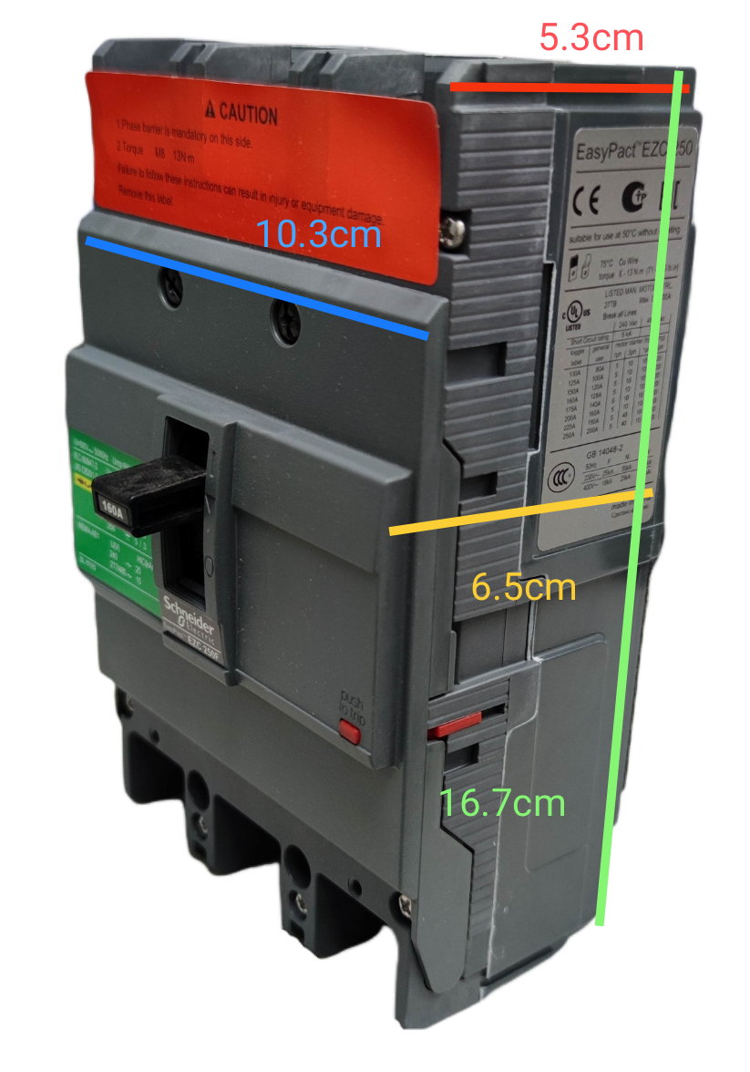 Schneider 160A 3 Pole Breaker Industrial 250AF with gray casing and switch handle for electrical circuitry