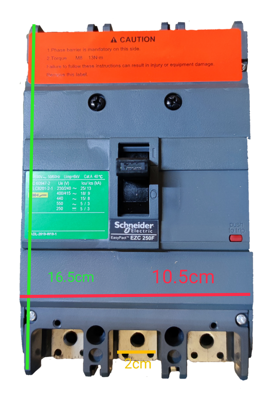 Schneider 200A 3 Pole Industrial Circuit Breaker with EasyPact EZC 250F label and caution sticker