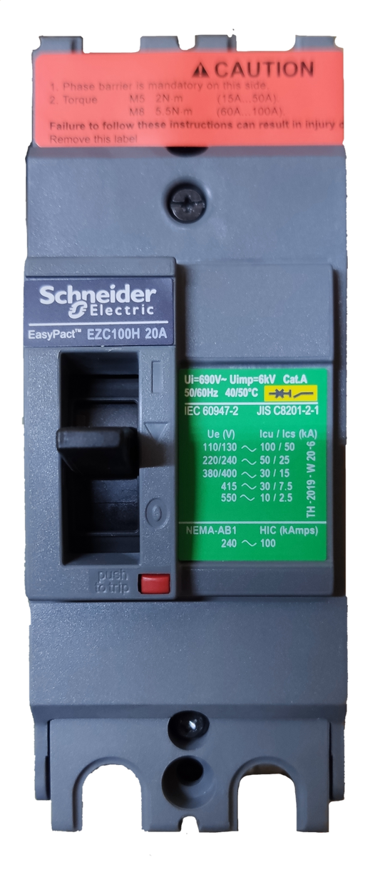 Schneider 20A 2 Pole Breaker Industrial Easy Pact circuit breaker with labeled specifications